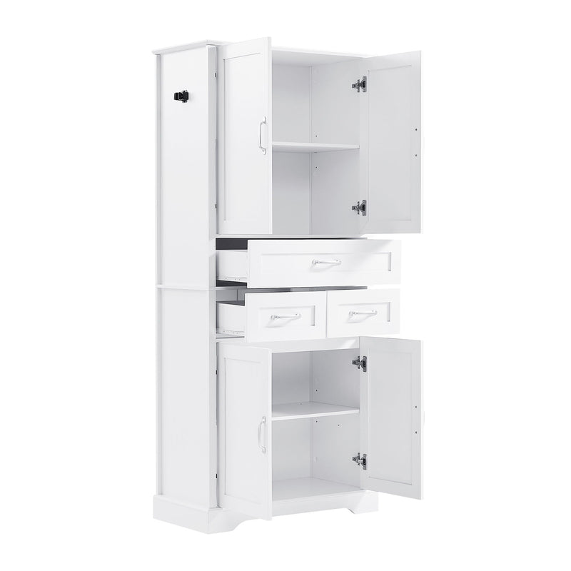 Tall Bathroom Storage Cabinet With 4 Doors 3 Drawers Adjustable Shelves - White