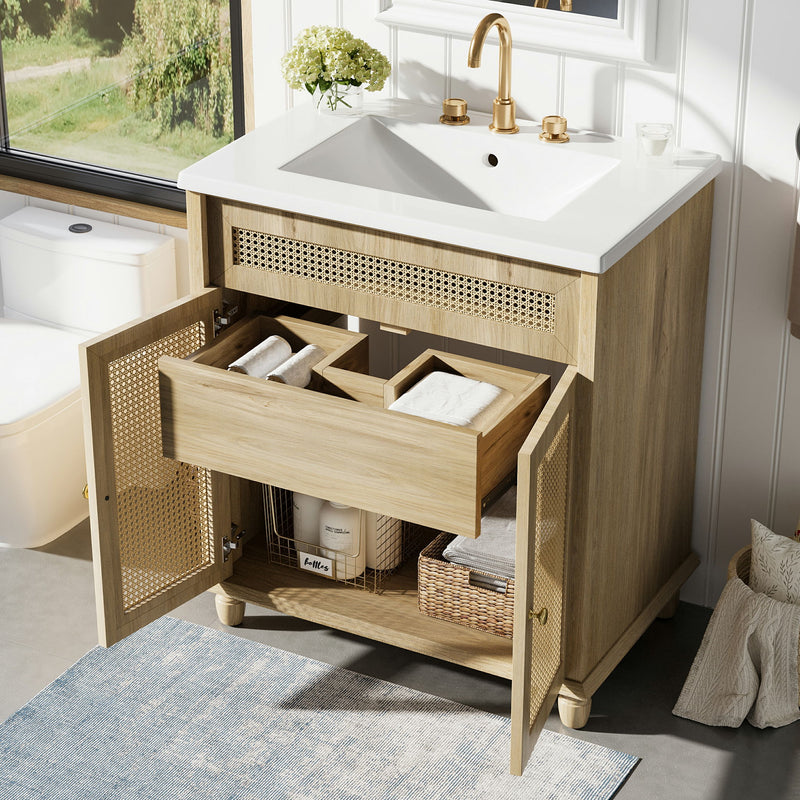Bathroom Vanity With Handwoven Rattan Doors, Resin Basin - Natural Wood