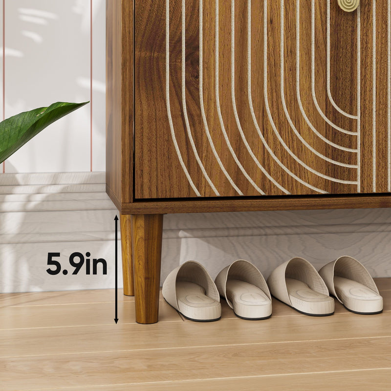 Modern Minimalist Shoe Storage Cabinet With 2 Flip Drawers And Metal Handles - Brown