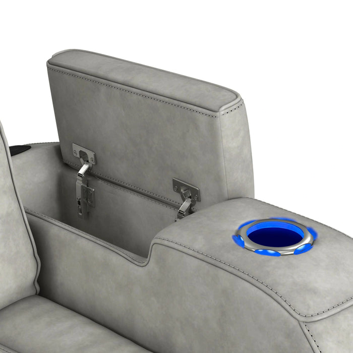 Prime Time P3 Sofa with DDT, 3.0 Table, 7 Colors (LED and Cup Holders), Reading Light, Vibration, speaker, and Heat Massage in Leather Gel Light Grey