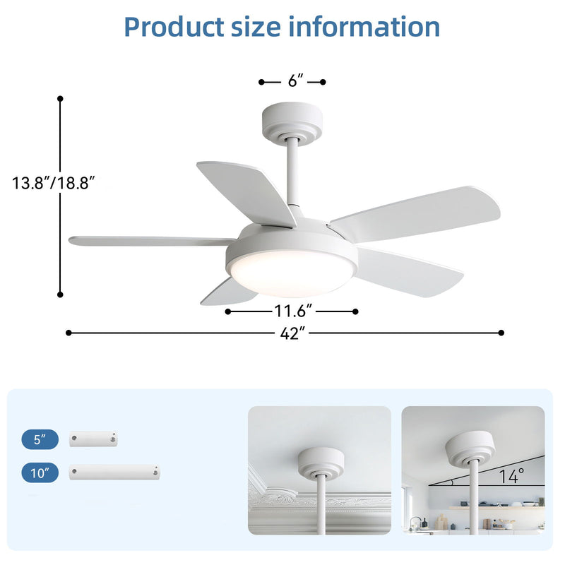 42" Ceiling Fan With 22W LED Light And Remote Control Blades Reversible DC Motor - White