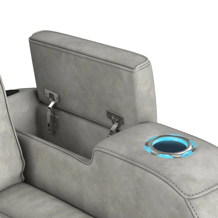 Prime Time P3 Sofa with DDT, 3.0 Table, 7 Colors (LED and Cup Holders), Reading Light, Vibration, speaker, and Heat Massage in Leather Gel Light Grey