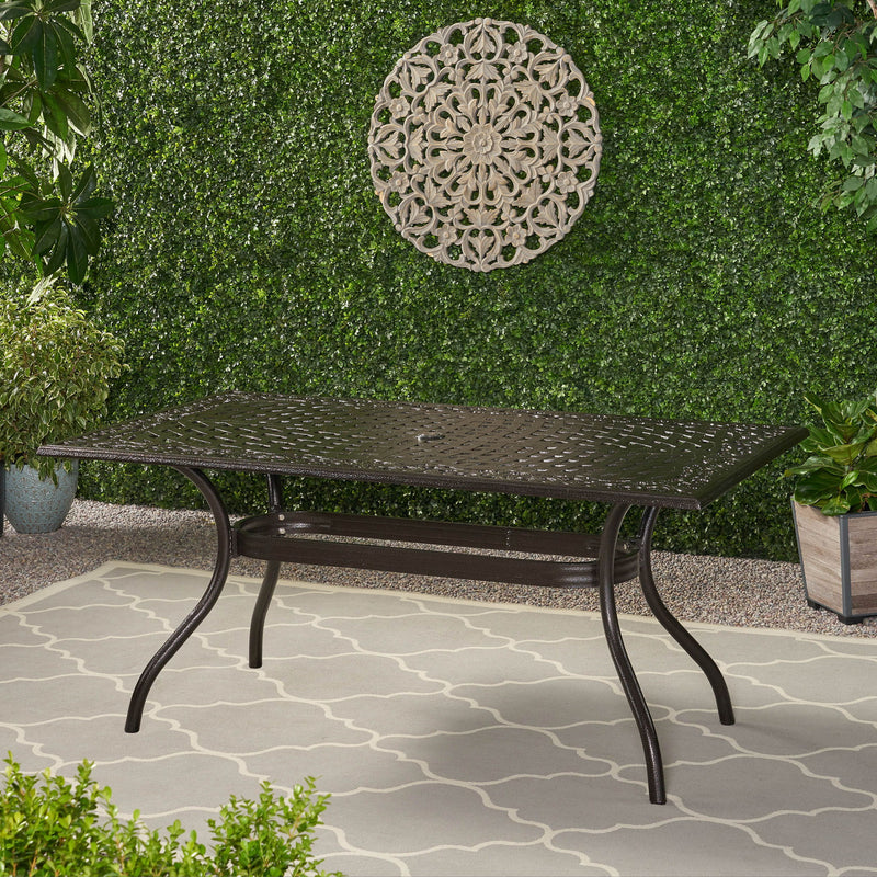Celestine - Outdoor Cast Aluminum Dining Table With Floral Lattice Design And Umbrella Holder