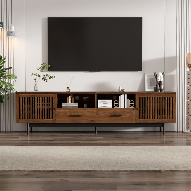 TV Stand, Media Console With 2 Drawers, Soft Closing Slatted Doors, Living Room Entertainment Center - Walnut