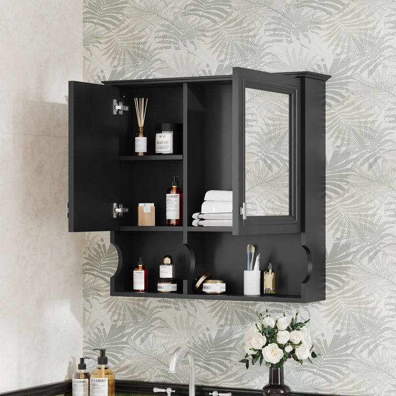 Wall Mounted Mirror Medicine Cabinet, Bathroom Storage With Doors And Open Shelves