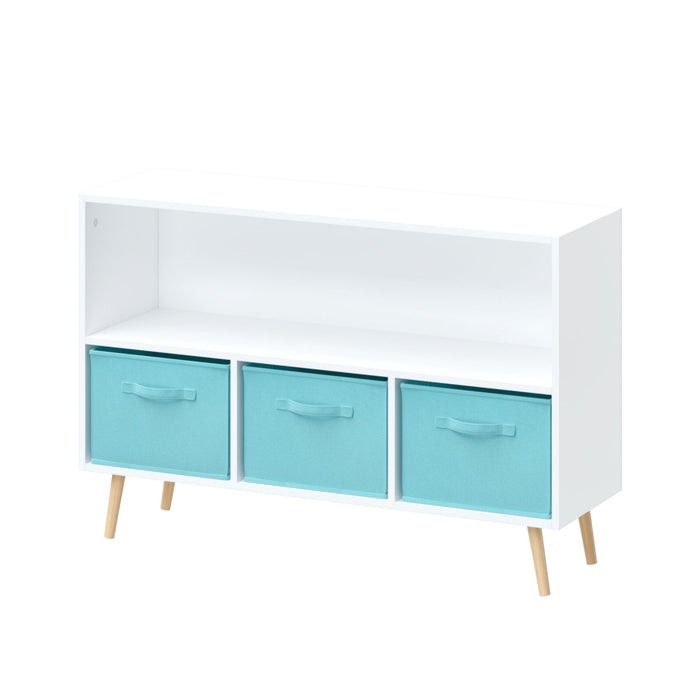 Bookcase With Collapsible Drawers, Book Display Storage Cabinet Organizer - White / Blue