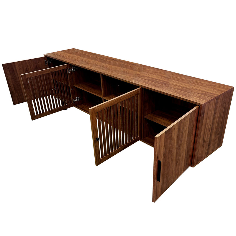 TV Stand, Media Console With Soft Closing Hinges, Adjustable Shelves, Slatted Doors - Walnut