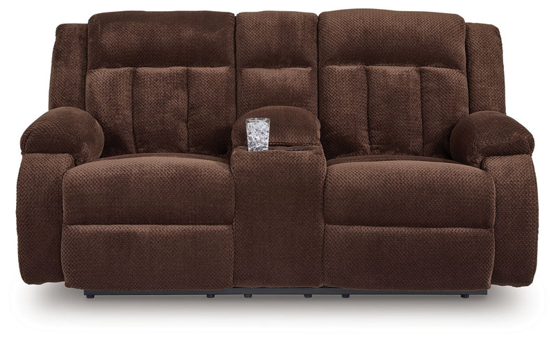 Free Wake - Double Relcining Power Loveseat With Console - Chocolate