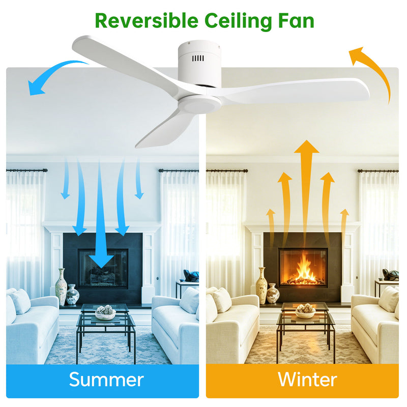 52" Flush Mount Ceiling Fan With Remote, No Light, 3 Blades, 6 Speed DC Motor For Indoor Patio - White