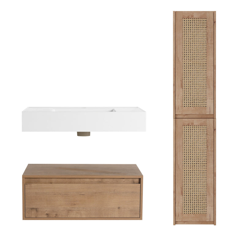 Modern Imitative Wall Mounted Bathroom Vanity With Resin Sink & 2 Side Cabinet, Soft Close Drawer - Imitative Oak
