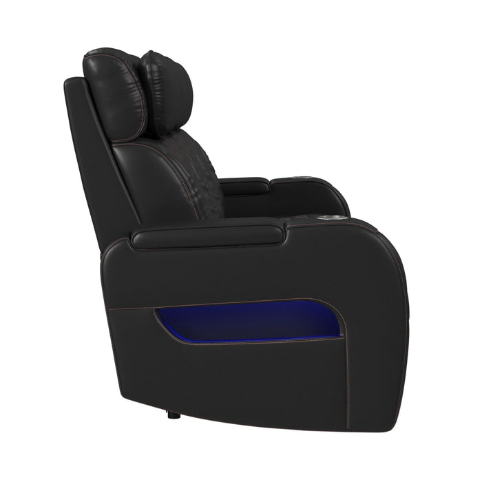 Prime Time P3 Sofa with I Table, reading light, heat, massage, LED, and speaker in Jett Black with Red Stitching