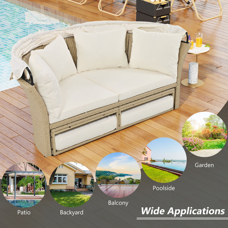 Outdoor Patio Daybed Wicker Rattan Double Daybed Round Sofa Furniture Set With Retractable Canopy, 4 Pillows For Lawn Garden