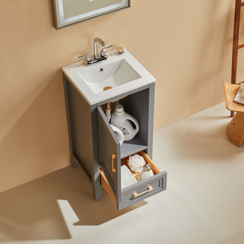 Fully Assembled 18'' Freestanding Single Bathroom Vanity With Ceramic Top - Gray