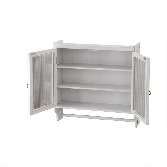 Vintage Double Door Wall Cabinet With Three Tiers Storage And Towel Rack - White Washed