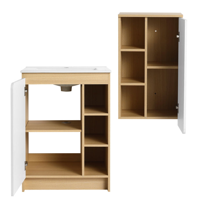 24" Bathroom Vanity With Sink & Wall Mounted Side Cabinet, Vanity Set With Thin Edge Sink, Interchangeable & Door Panels, Open & Hidden Storage - Black / Light Oak / White