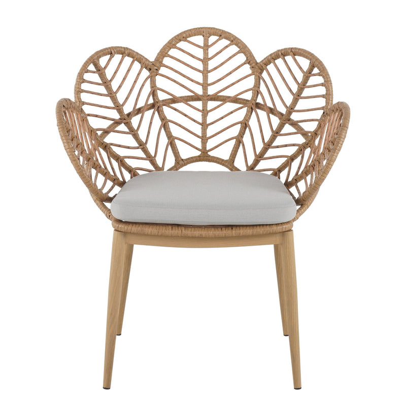 Kirk - Outdoor Wicker Peacock Shape Papasan Style Chair, Teak Finished Leg (Set of 2) - Beige / Light Brown / Light Teak