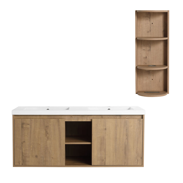 48" Wall Mounted Bathroom Vanity With Double Resin Sink And Storage Rack Soft Close Doors - Imitative Oak