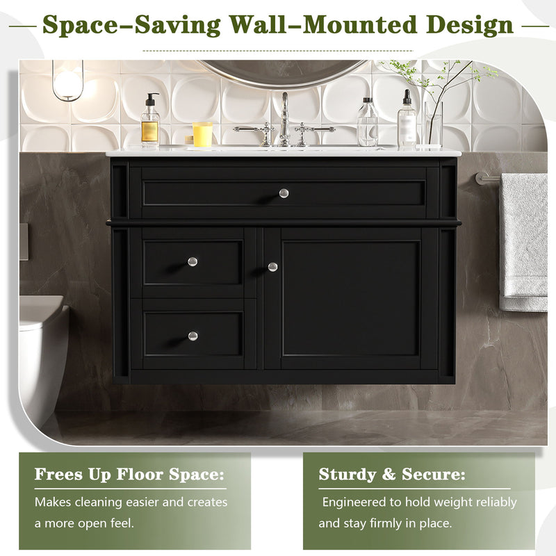 Wall Mounted Bathroom Vanity With 2 Drawers, 1 Tip Out Drawer, 3 Holes Sink