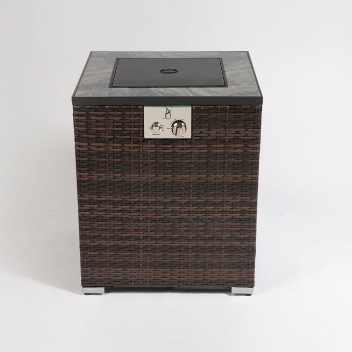 Propane Gas Square Fire Pit, Tile Tabletop With Beautiful Wicker Base For Outside