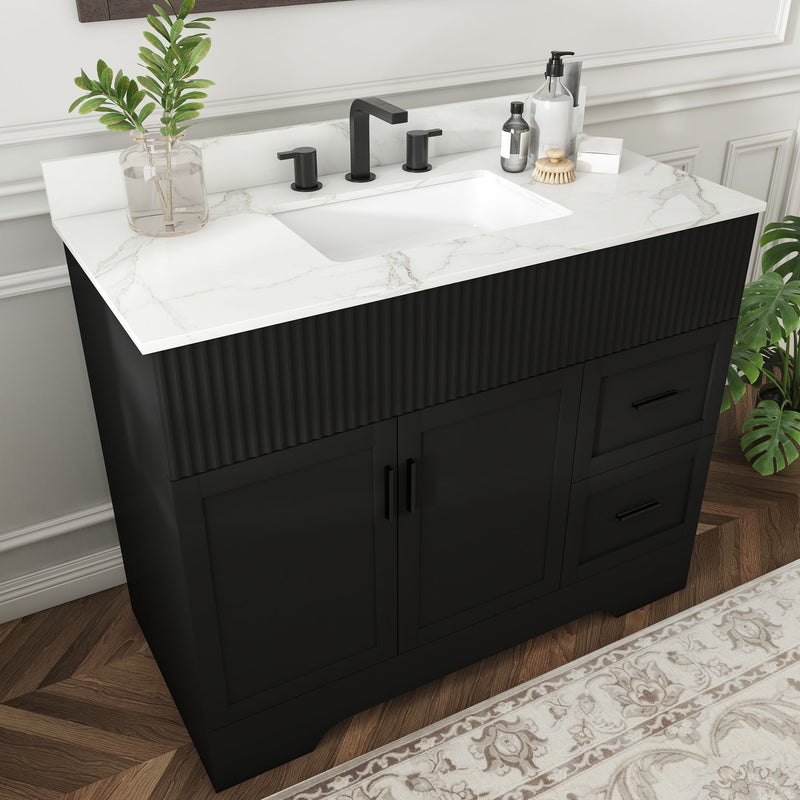 Bathroom Vanity Set, Fluted Cabinet, 3 Faucet Holes, Sink Included - Black