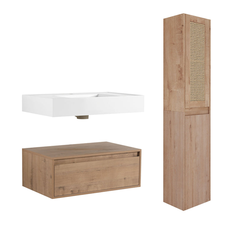 Contemporary Wall Mounted Bathroom Vanity With Resin Sink And 2 Side Cabinet - Imitative Oak