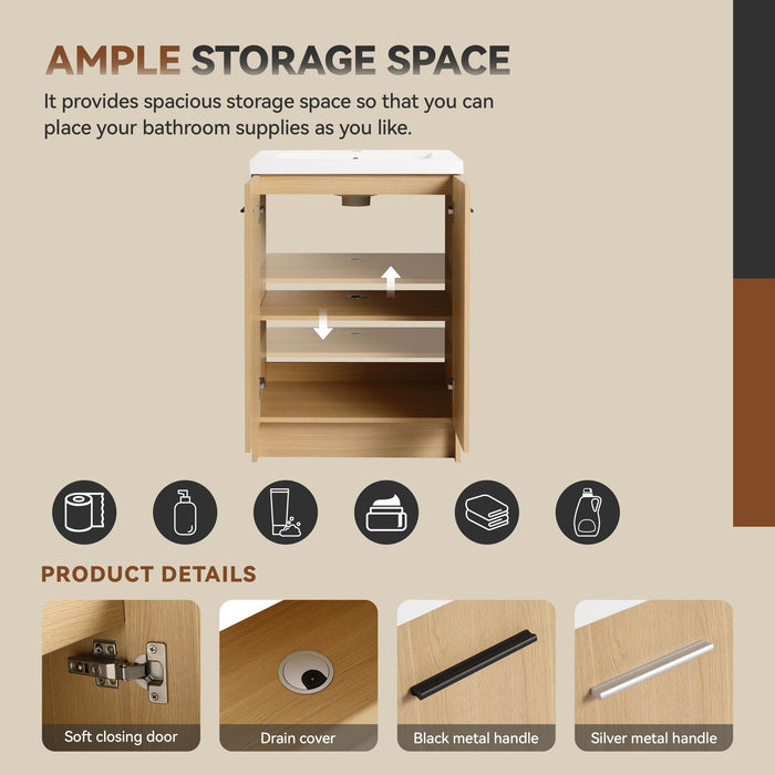 Freestanding Bathroom Vanity Set With Tall Linen Cabinet, Single Sink, Extra Storage, Soft Close Doors - Glossy White / Light Oak
