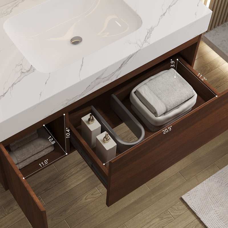 Floating Bathroom Vanity & Basin 1 Soft Close Drawer + 1 Cabinet, Wall Mounted - Walnut / White