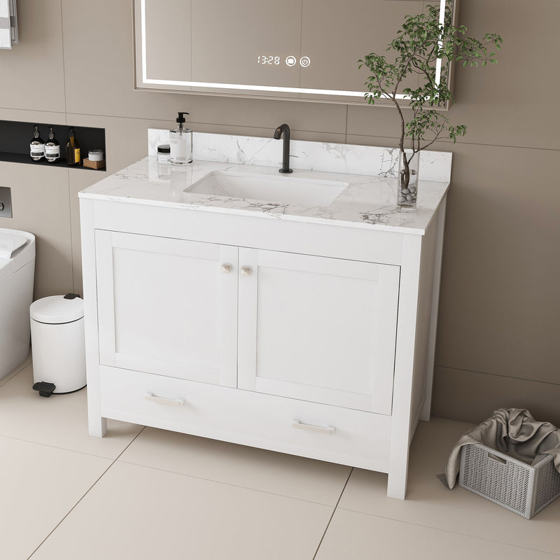 43" Bathroom Vanity With Artificial Marble Carrara Top Set, Multi Functional Cabinet With Doors And Drawer - White