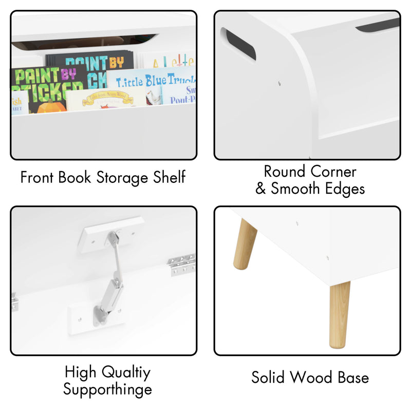 Toy Box With Front Bookshelf, Flip Top Lid, Safety Hinge For Kids Room Organization - White