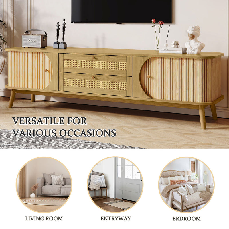 Rattan TV Stand For Tvs Up To 75'', Modern Farmhouse Media Console, Entertainment Center With Legs, TV Cabinet For Living Room, Home Theatre - Natural Wood