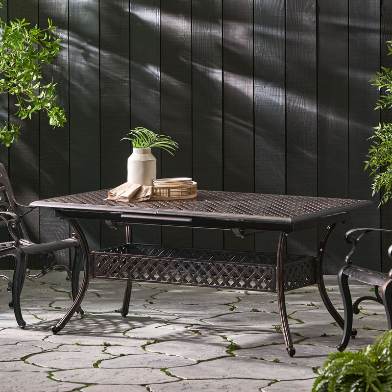 Outdoor Expandable Dining Table With Umbrella Holder, Lattice Pattern And Curved Legs - Black