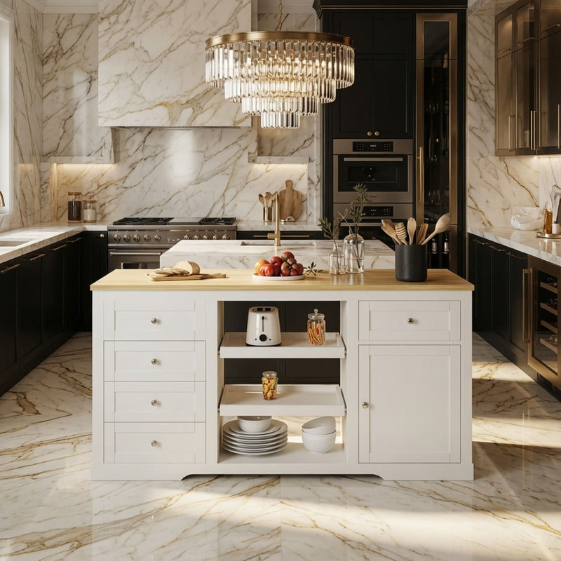 Drop Leaf Kitchen Island With Storage, Power Outlet & Pet Bowl Drawer - White / Light Oak