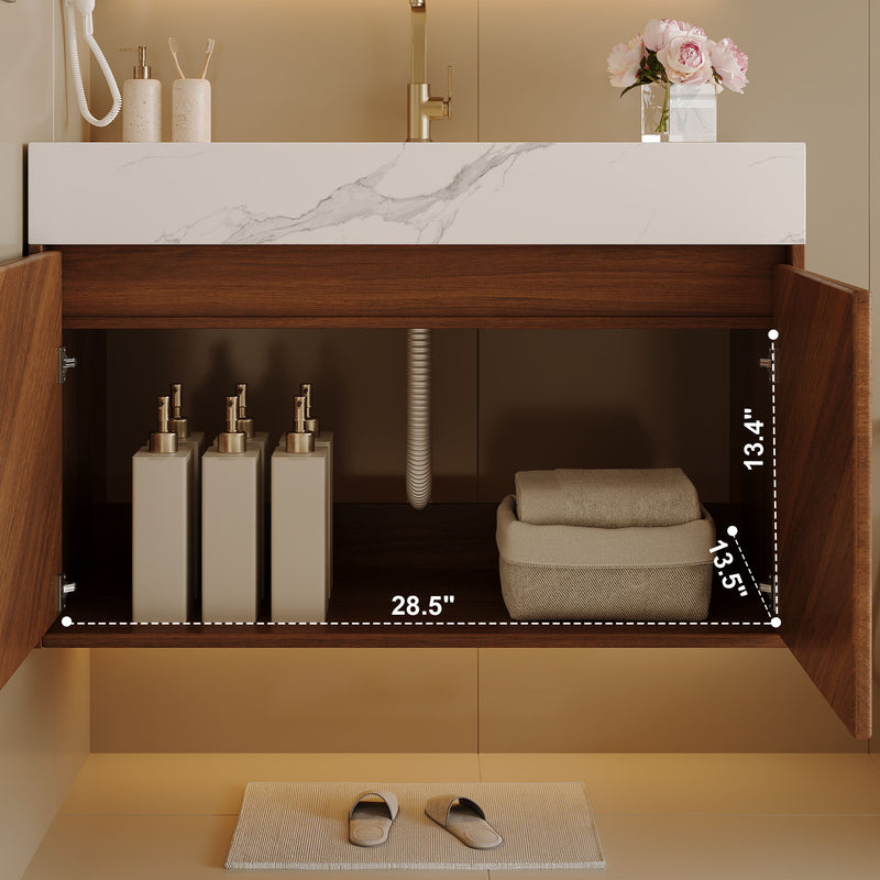 Wall Mounted Bathroom Vanity With Sink, Soft Close - Walnut / White