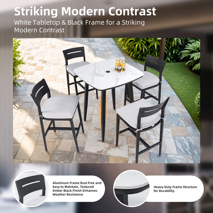 Outdoor Bar Table, Rounded Square Sintered Stone Top With Umbrella Hole, Rust Free Frame, Weatherproof - Ember Black / White