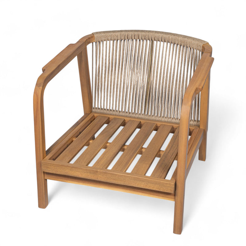 Outdoor Lounge Chair With Woven Backrest, Solid Wood Frame, Comfortable Cushions