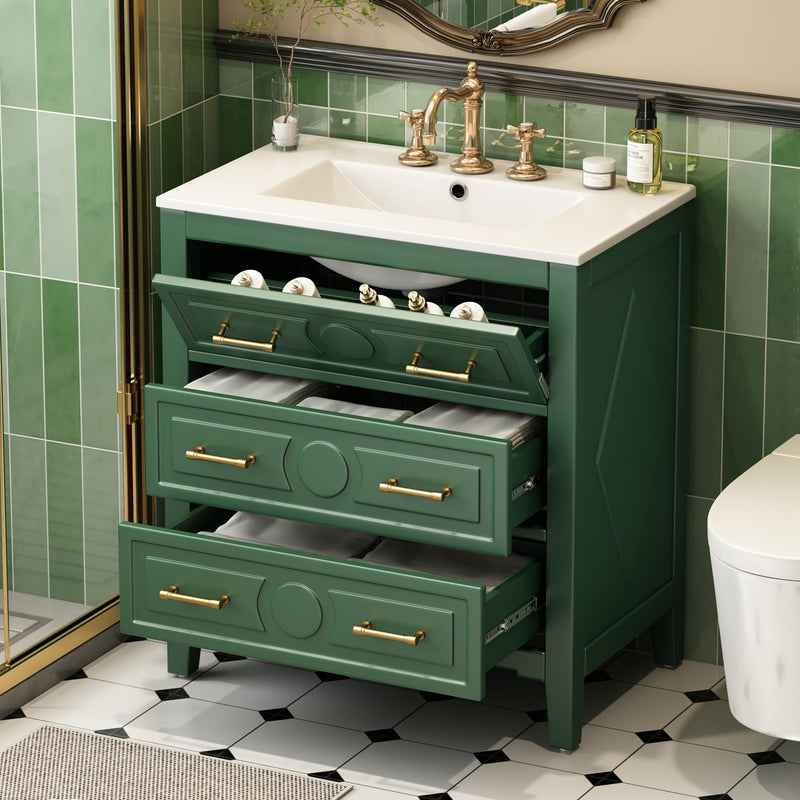 Retro Bathroom Vanity With Sink Combo, Free Standing Single Set With 3 Drawers