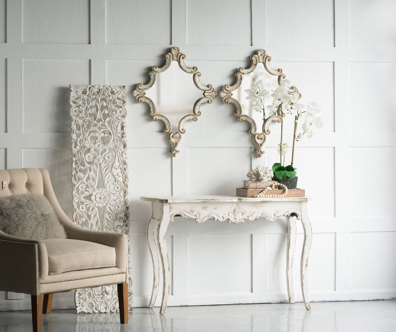 Artistic Diamond Scrollwork Mirror, Home Accent Mirror For Living Room, Entryway, Bedroom, Office - Antique White