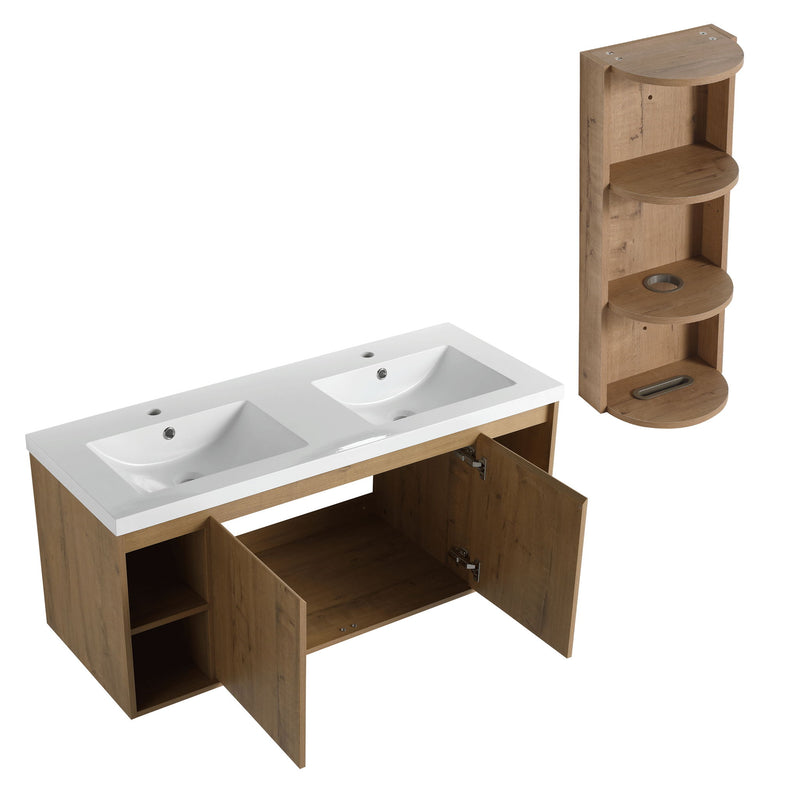 Modern 48" Wall Mounted Bathroom Vanity With Double Resin Sink And Storage Rack Soft Close Doors - Imitative Oak