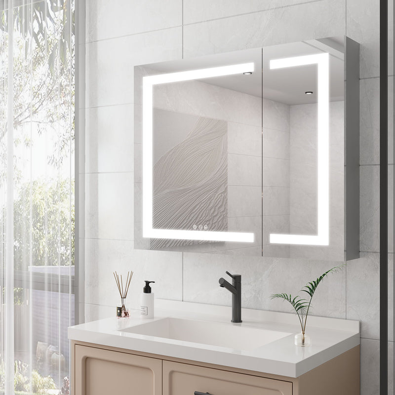 36" X 30" Medicine Cabinet With LED Vanity Mirror, Anti-Fog Recessed Or Surface Mount Bathroom Double Door Large Storage 3000K~6000K Bright Lighted Aluminum Storage Cabinet With Touch Switch - Silver