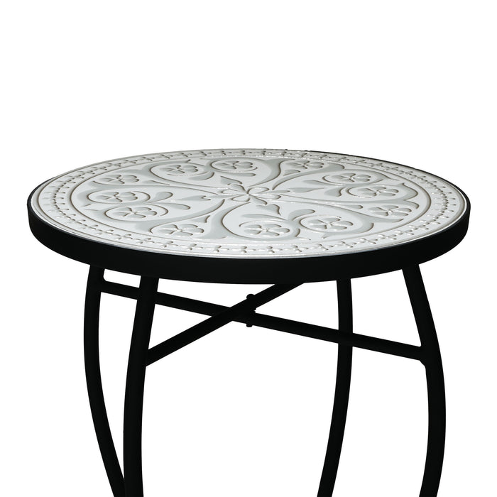 Outdoor Round Side Table With Mosaic Style Top And Curved Iron Legs