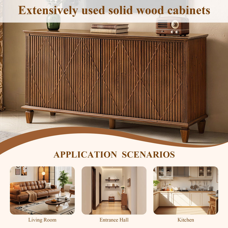 TV Stand With Carved Geometric Doors, Storage Cabinet For Living Room - Walnut