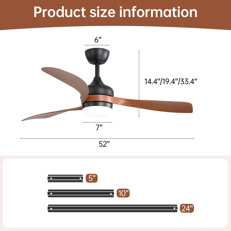 Ceiling Fan With 3 Blades, Remote Control, Reversible DC Motor, Noiseless Operation, 3 Downrods