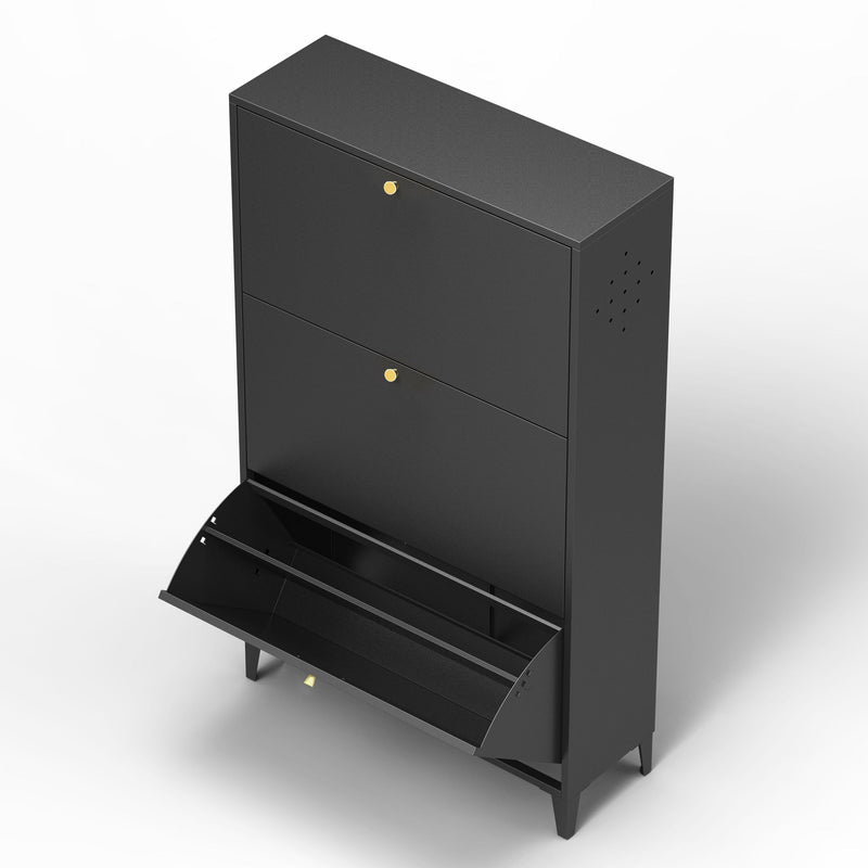 3 Drawer All Steel Shoe Cabinet, Freestanding Storage Organizer With Flip Door