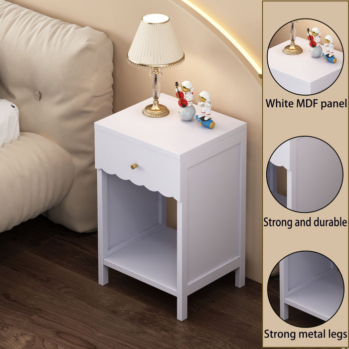 Nightstand With Drawer And Open Shelf, Scalloped Edge Bedside Table