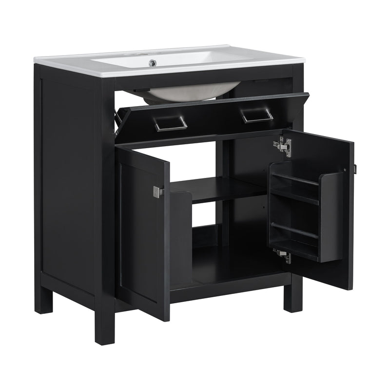 Bathroom Vanity With Ceramic Sink, Modern Single Bathroom Cabinet With 2 Doors And A Shelf, Soft Close Doors