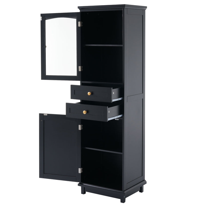 Tall Bathroom Storage Cabinet With Glass Doors, Free-Standing, Two Drawers, And Adjustable Shelves, Board, Painted Perfect For Displaying Your Favorite Items