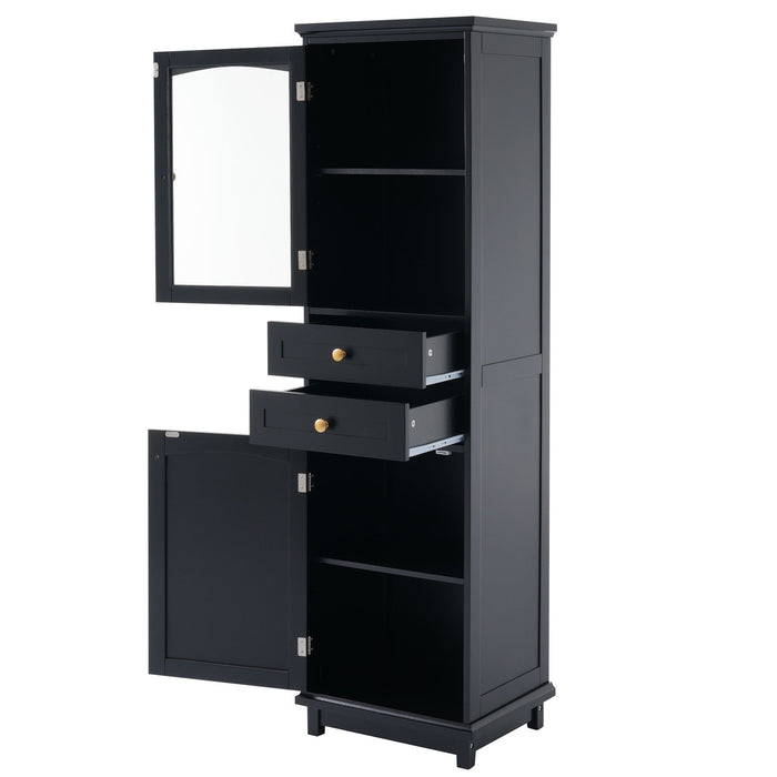 Tall Bathroom Storage Cabinet With Glass Doors, Free-Standing, Two Drawers, And Adjustable Shelves, Board, Painted Perfect For Displaying Your Favorite Items