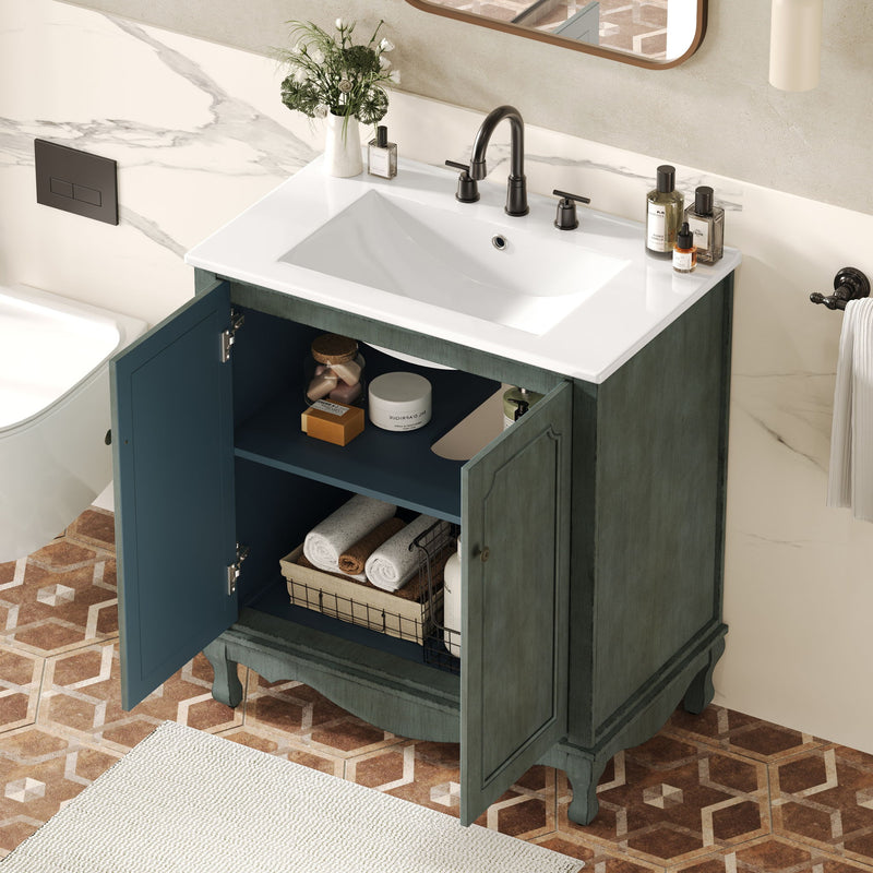 Vintage Bathroom Vanity With Ceramic Sink, Adjustable Shelves