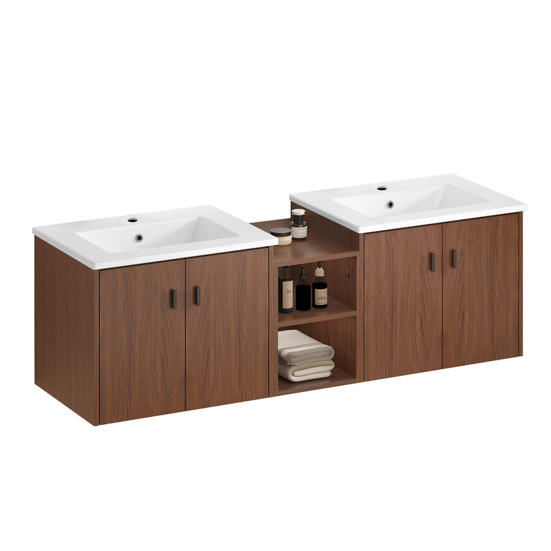 Soft Close Doors Bathroom Vanity With Small Storage Shelves, 24" And 12" Combination Cabinet - Reddish Brown