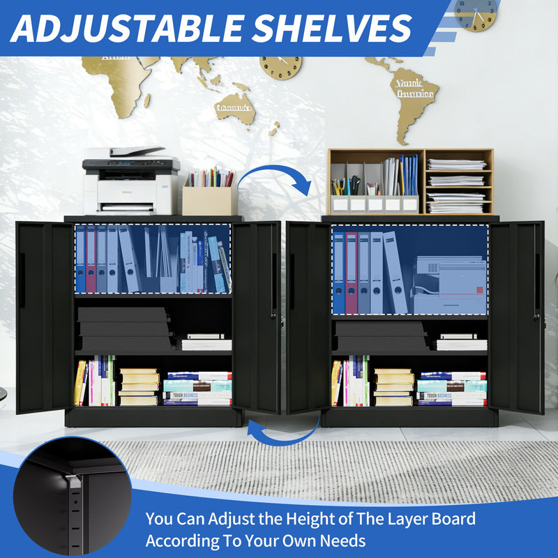 Heavy Duty Storage Cabinet With Lock, 2 Door File Cabinet With 2 Adjustable Shelves - Black